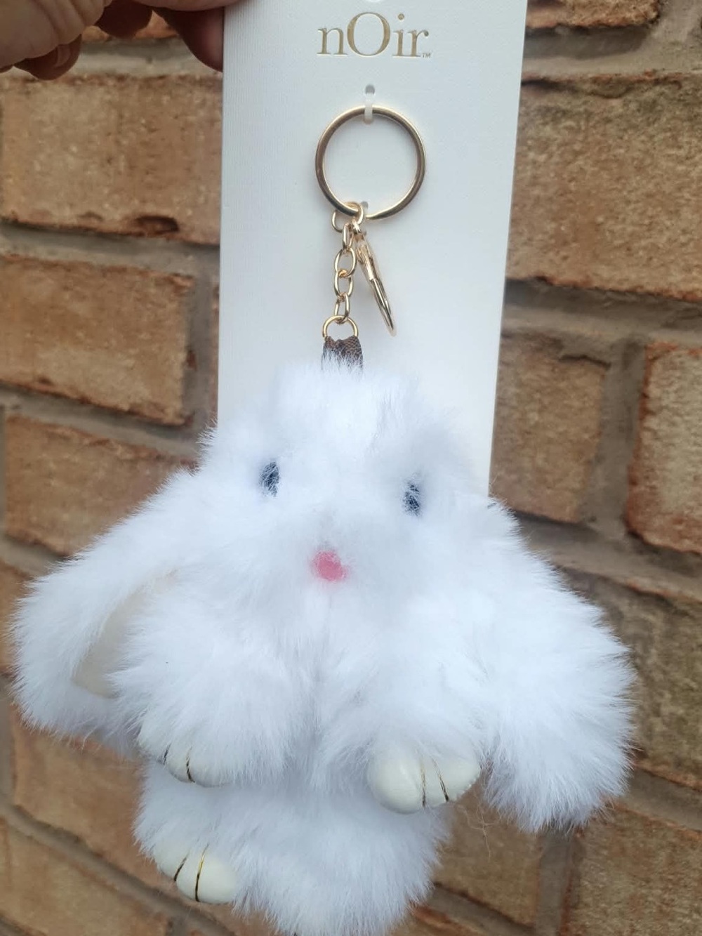 nOir Jewelry White Fluffy Bunny Key Chain & Bag Charm with Gold Hardware